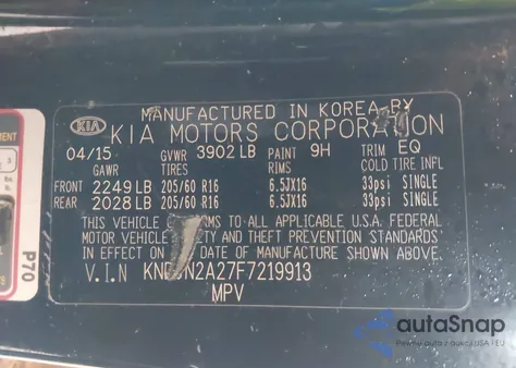 2015 Kia Soul из США, поврежденный, VIN KNDJN2A27F7219913